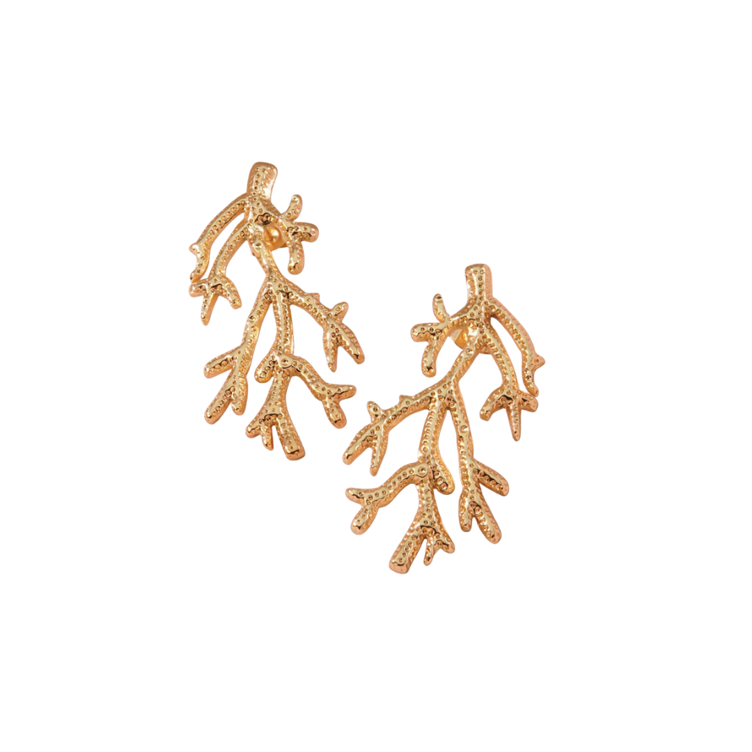 Aretes Oceano forma de coral Coral acero inoxidable Aretes Oceano, acero inoxidble con baño de oro de 18k, accesorios Pasionaria